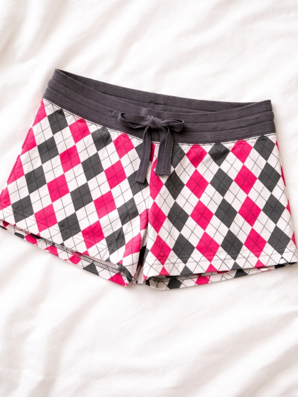 Argyle Print Lounge Shorts in Pink, Gray, and White